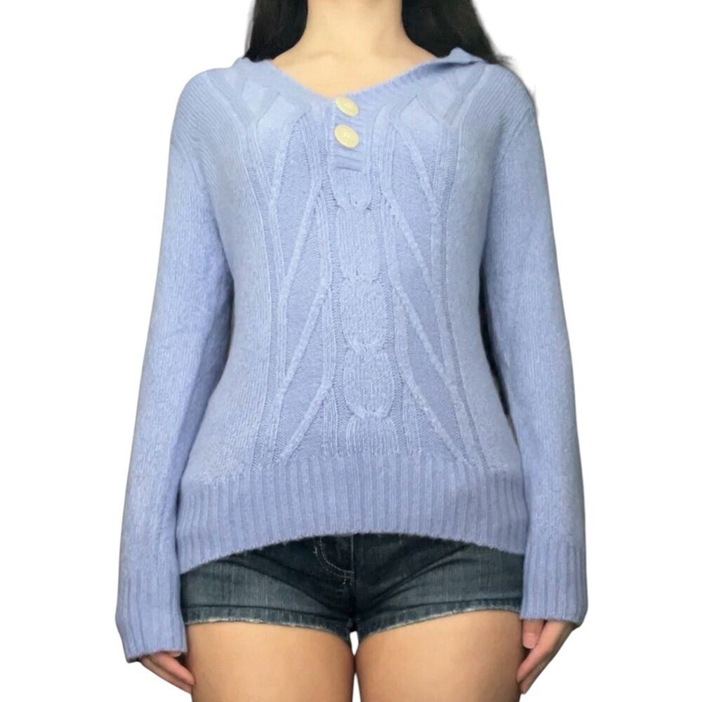 vintage periwinkle henley button long sleeve knit sweater